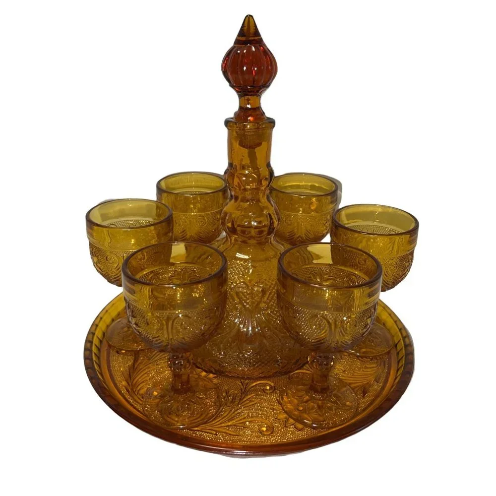 Vintage 9 Pc Decanter Set W/ Tray Indiana Glass Amber Tiara Sandwich Pattern